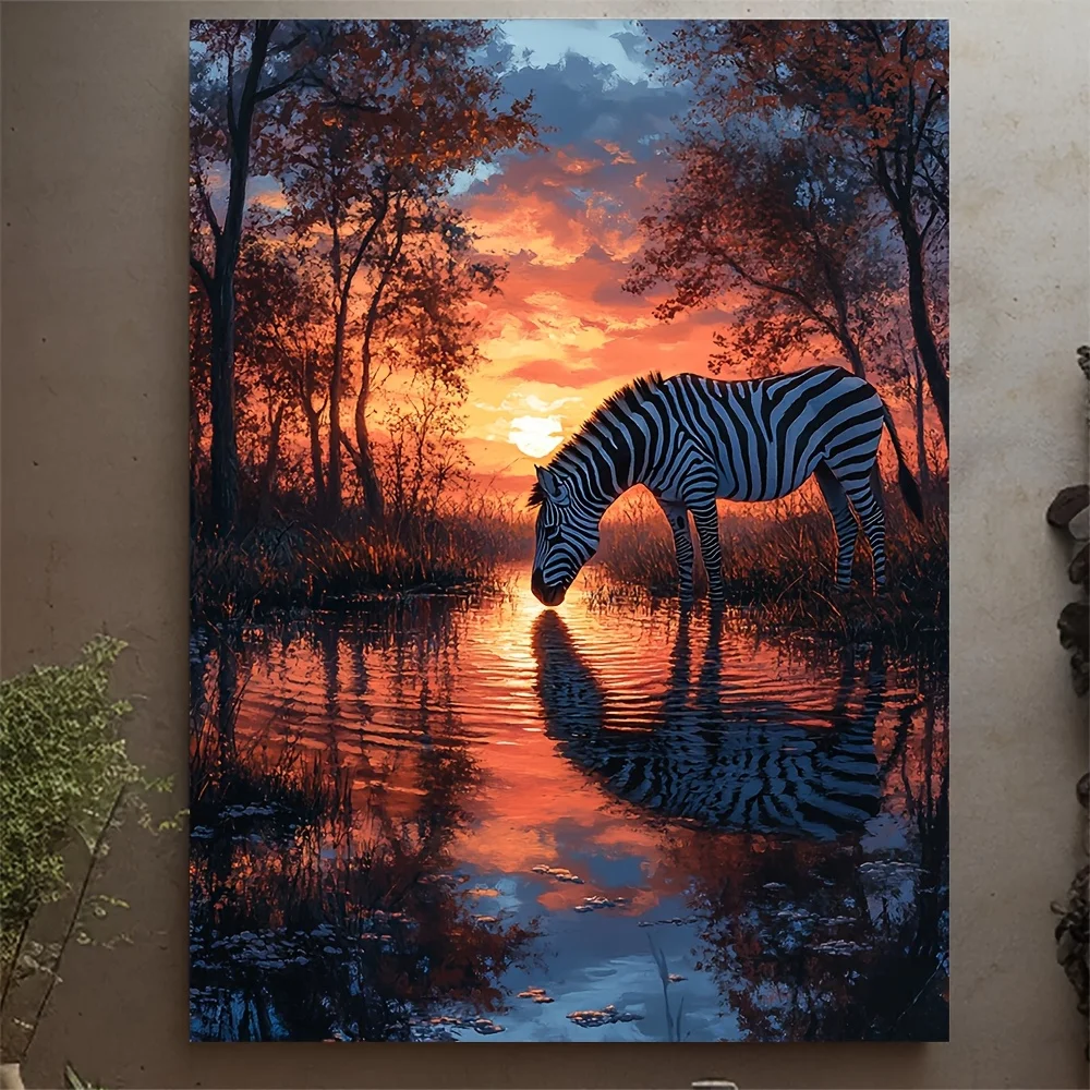 (No frame)1pc, With Frame, 12x16inch Beautiful Zebra Drinking Water At Sunset Animal Modern Design Home Decor Canvas Print Wa