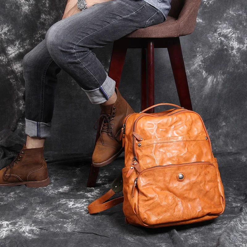 Men's Backpack Shoulder Bag Travel Backpacks Large-capacity First Layer Cowhide Retro Handmade Vegetable Tanned Leather Male Men