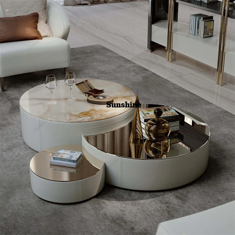 

Modern Round Nesting Marble Coffee Table Set Of 3 For Living Room Italy Design Ikat Coffee Tables Set with Stainless Steel Top