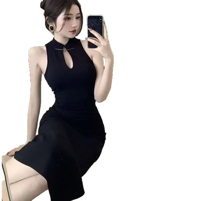 جديد النمط الصيني مثير الرغبة النقية عالية الشق Bodycon فستان المرأة الصيف نموذج جديد معلقة الرقبة فستان طول الركبة تنورة