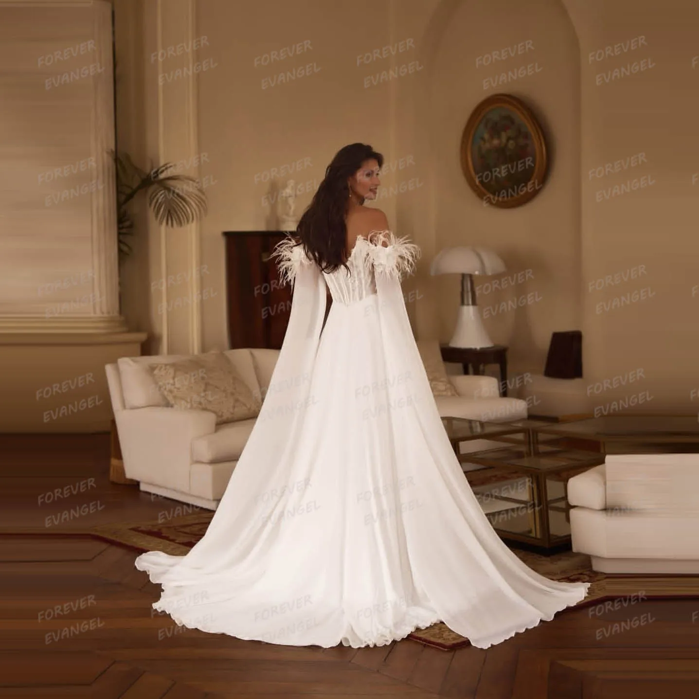 

Simple A Line Wedding Dresses Woman's Sexy Off Shoulder Feather Side Split Bride Gowns Vestidos De Novia Customized فساتين سهرة