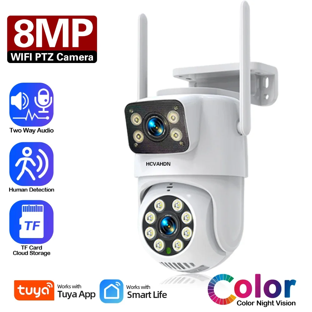 Tuya 4K 8MP Dual Lens PTZ WIFI IP Camera Dual Screen Outdoor Ai Auto Tracking 4MP CCTV Security Surveillance Camera 2 Way Audio