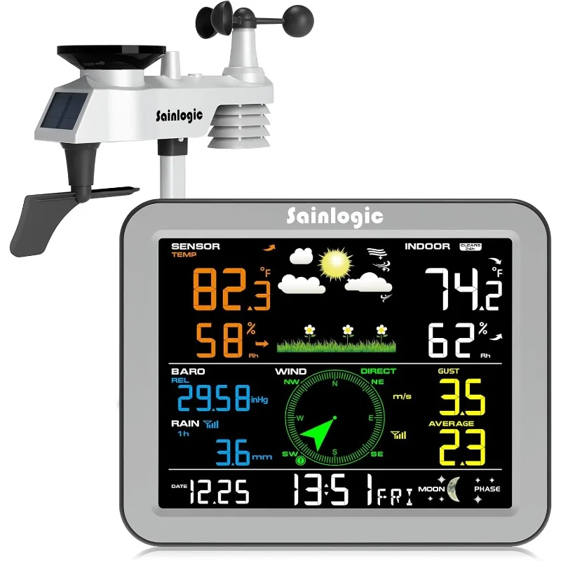 Weather Station Wireless Indoor Outdoor, Weather Station with Rain Gauge and Wind Speed/Direction