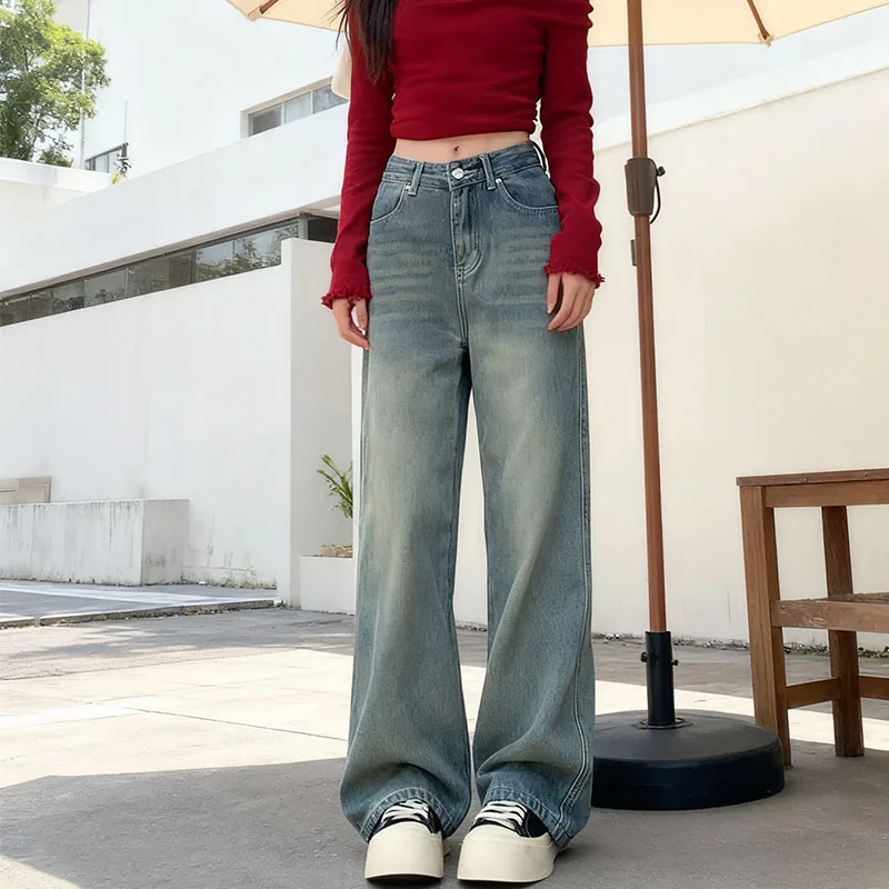 กางเกงยีนส์ผู้หญิงสไตล์วินเทจอเมริกัน Y2K ปี 2025 ทรงขากว้างเอวสูง ซับในขัดเงา ช่วยให้ดูผอมลง