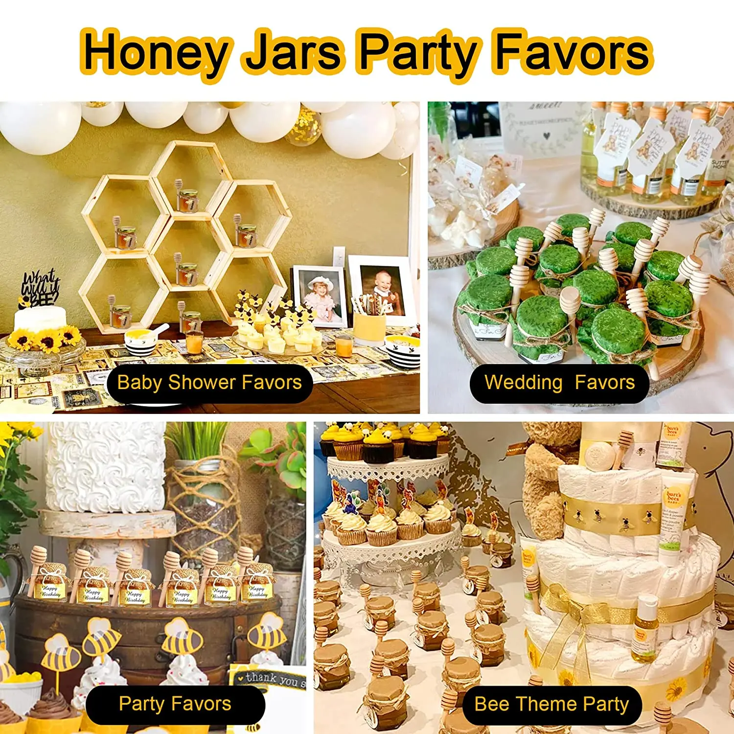 Mini Honey Jars Party Favors  Hexagon Small Glass Honey Jars with Dipper, Gold Lids, Cute Bee Pendants, Gift Bags and Jute