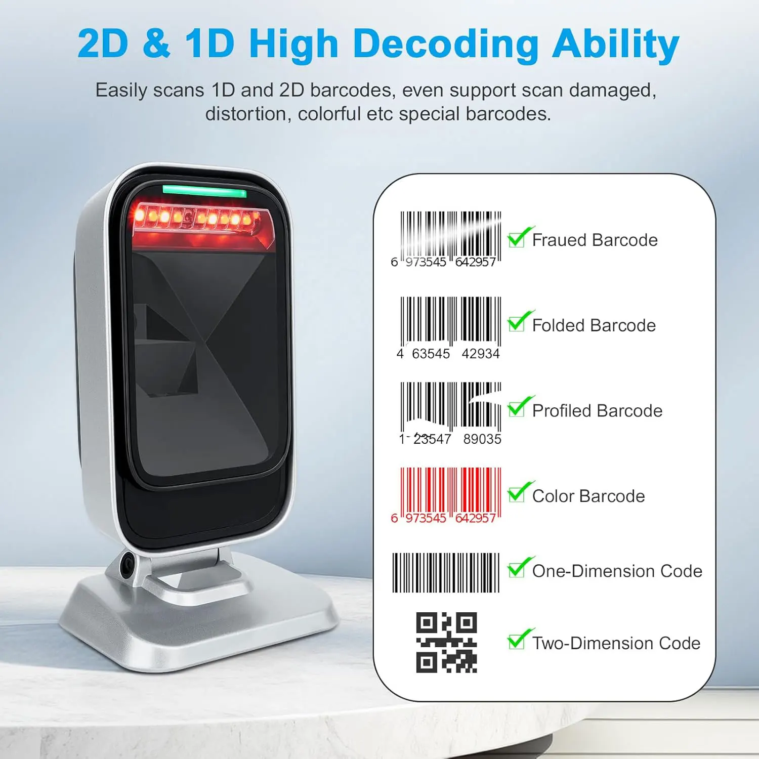 

1D 2D QR Сканер штрих-кодов с функцией hands-free, всенаправленный, проводной USB, настольный считыватель штрих-кодов, сканер PDF417 Data Matrix с функцией распознавания изображений