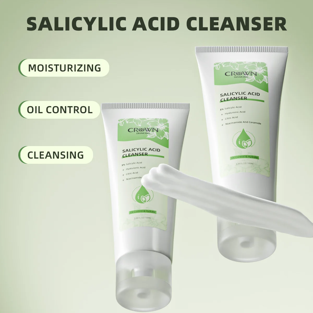 Crown Diamond Salicylic Acid Facial Cleanser Acne Treatment Moisturizing Oil Control Skincare Face Wash Foam Face Cleanser