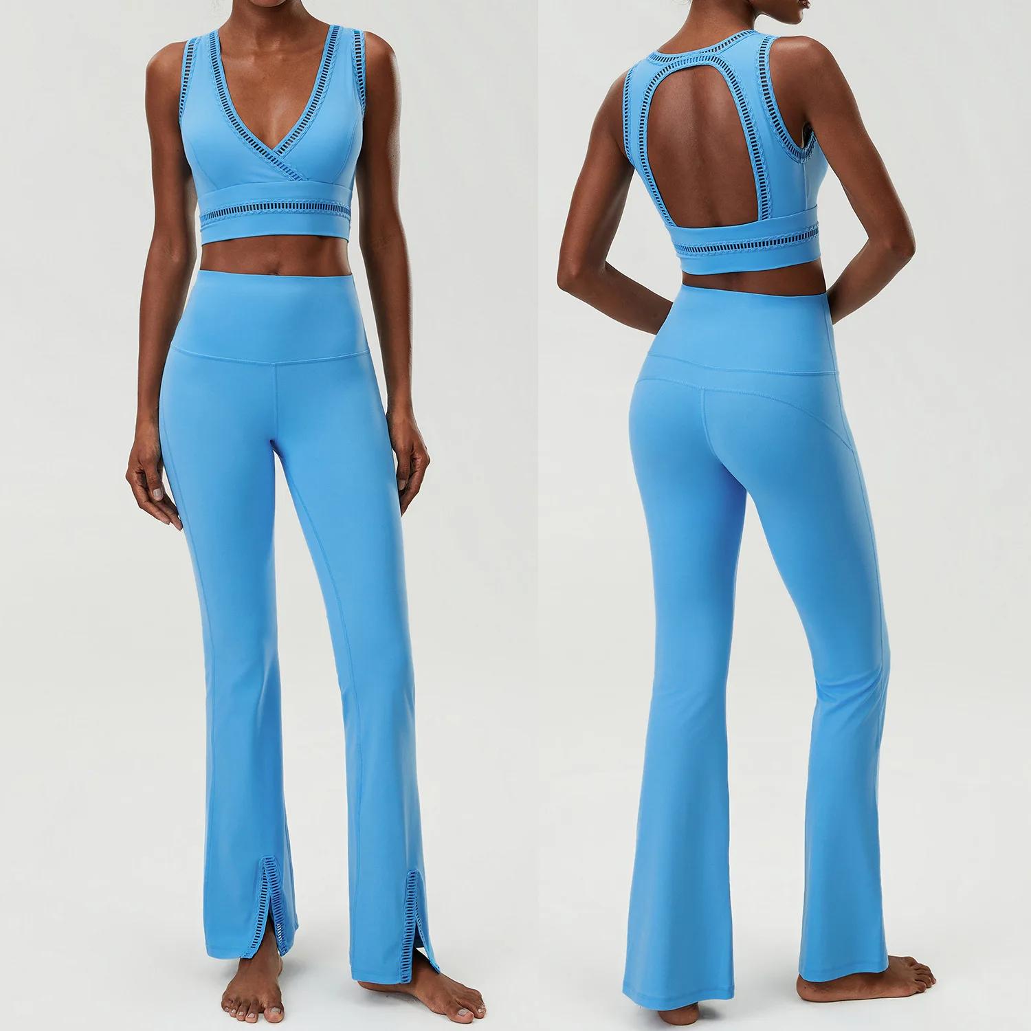 2 Piece Yoga Set Hollow Lace Trim V Neck Sports Bra High Waist Split Flared Leggings Pilates Outfit Workout Clothes for Women