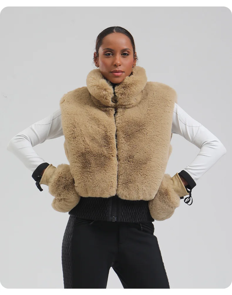 GSOU SNOW Damen Flauschige Kunstfell-Weste Mantel Skijacke Ärmellose Reißverschluss-Weste Winter Tägliche Warme Outdoor-Sportweste – Detail 5