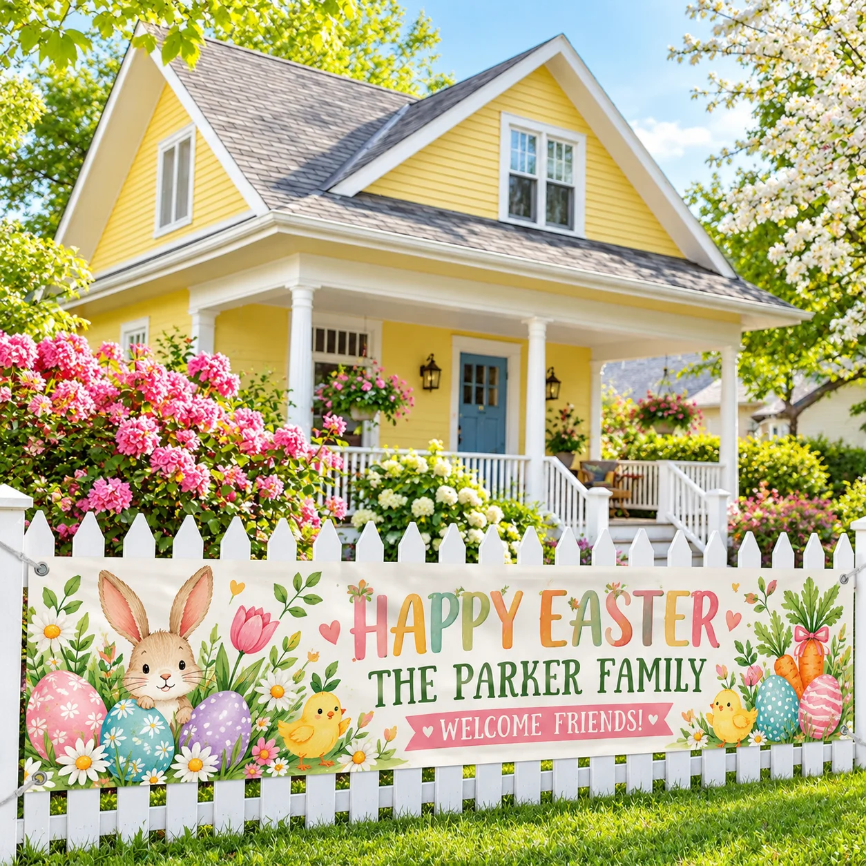 Personalized Fence Banner Custom Garden Railing Flag 50x300cm Polyester with 4 Corner Grommets for Easter Spring Porch DIY Decor