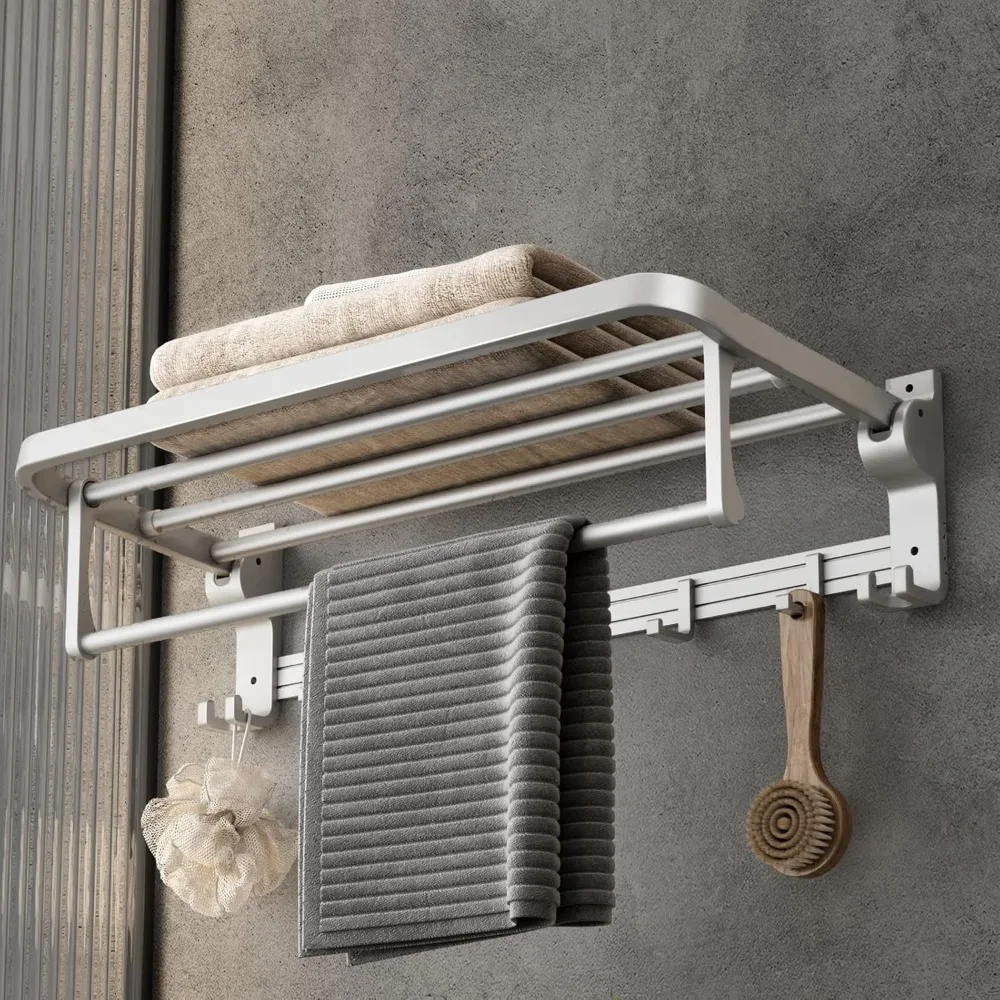 

Towel Rack with Towels Bar Holder Foldable Towel Shelf with Movable Hooks Rustproof Towels Storage Wall Mount