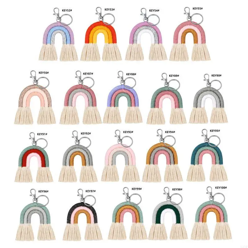 L5YF Đáng yêu Weaving Rainbow mặt dây chuyền Keyring cho Chuỗi Key Phụ nữ Tassel Macrame Keyrings Túi Túi Charm Xe đồ trang