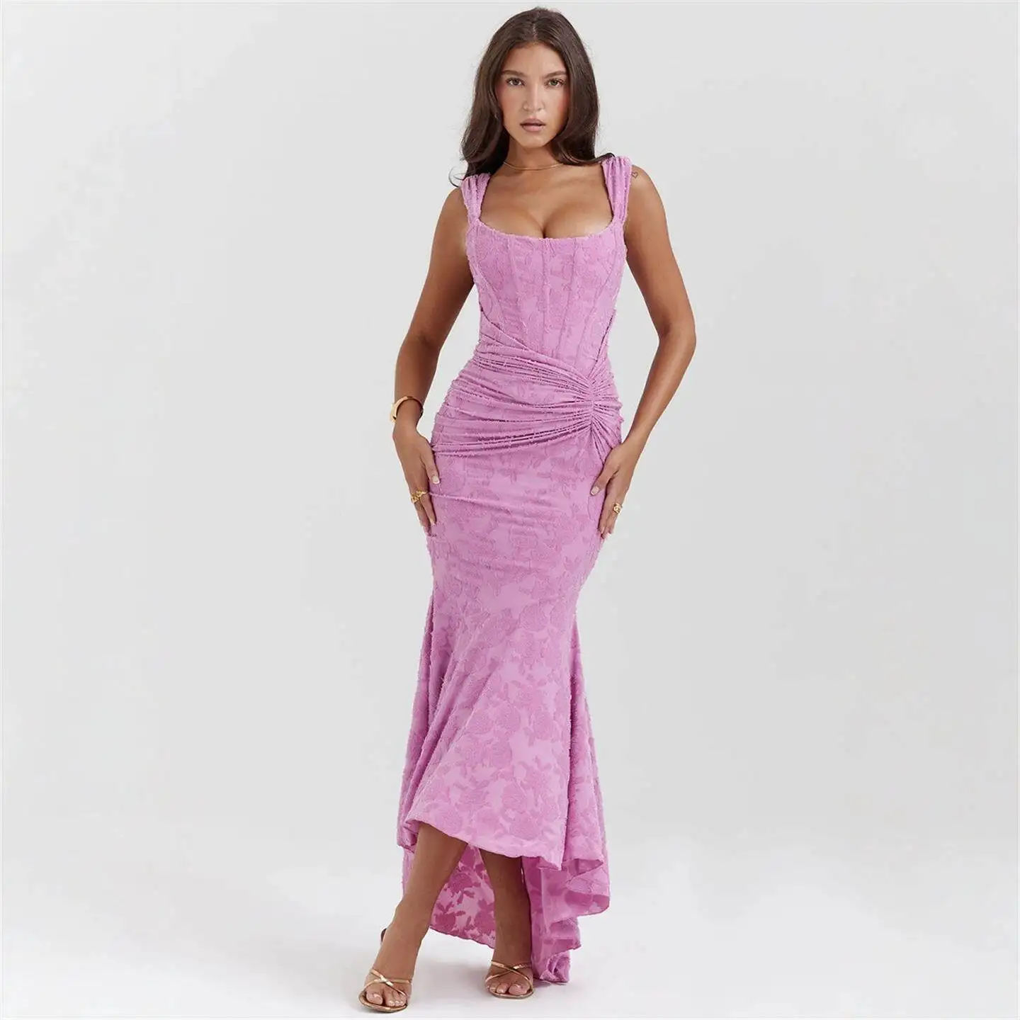 

Sexy Women's Sleeveless One-Shoulder Pure Color Bare-Shoulder Fishbone Long Dress High Waist Citywalk Gown Triacetate Fiber