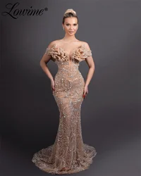 Elegant Champagne Off The Shoulder Prom Dresses Mermaid Pearl Beaded Ruffles Long Evening Gowns Robes De Soirée 2024 Party Dress