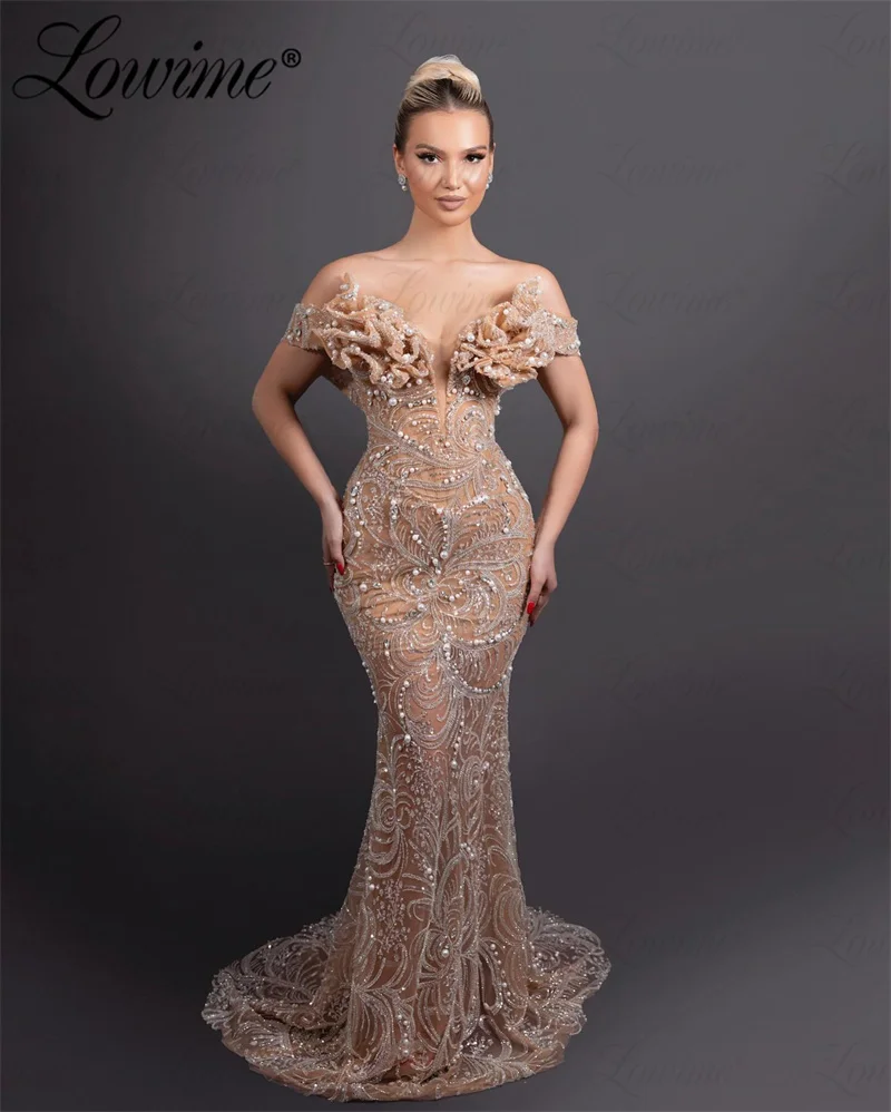 Elegant Champagne Off The Shoulder Prom Dresses Mermaid Pearl Beaded Ruffles Long Evening Gowns Robes De Soirée 2024 Party Dress