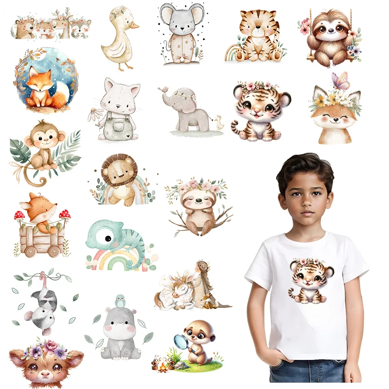 15CM Cartoon Animal Elephant Duck Fox Monkey Tiger Iron Heat Transfer Printing Vinyl Stickers Children's T-shirt Stickers DIY