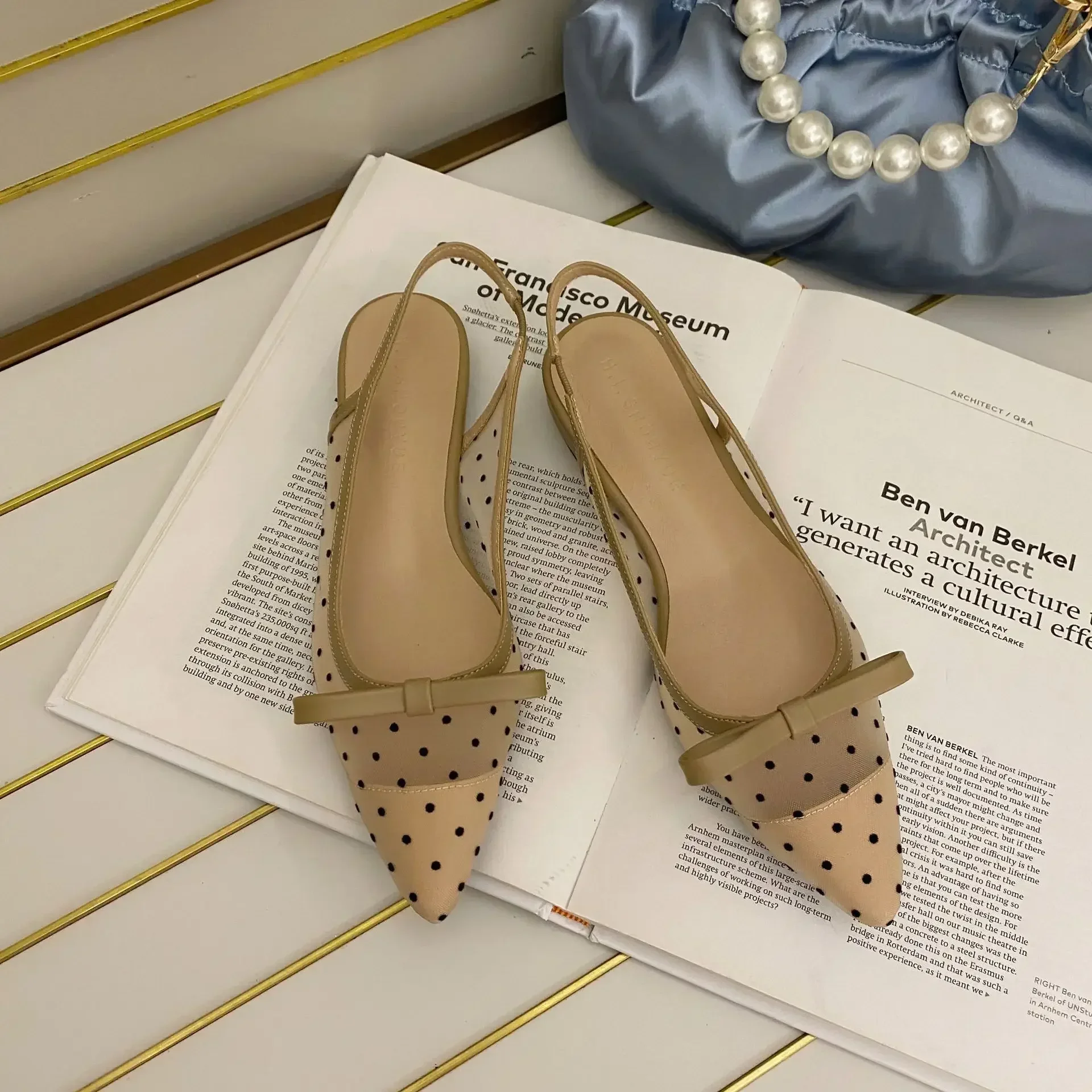 2024 Polka Dot Chunky Heel grazioso punta a punta bocca superficiale che dimagrisce Baotou Bow Shoes donna