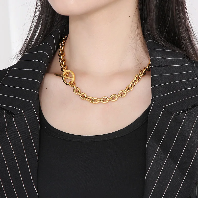 Simple Basic Gold Color Thick Chain Stainless Steel Necklace Bracelets for Women Fashion Design Neck Wrist Jewelry OT Buckle