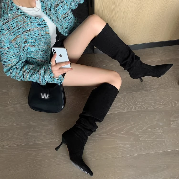 High Heels Chelsea Boots Winter Knee-High Women Shoes 2023 New Fashion Pointed Toe Pumps Women High Boots Suede Motorcycle Botas