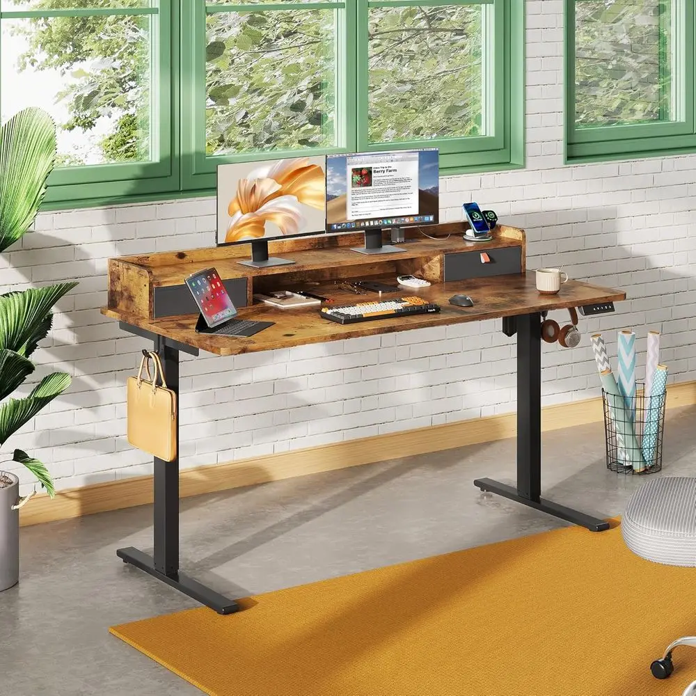 Rustic Brown Electric Standing Desk: 55x28 Inches with 3 Adjustable Heights, Drawers, Storage Shelf, USB Outlets, and Memory Pre