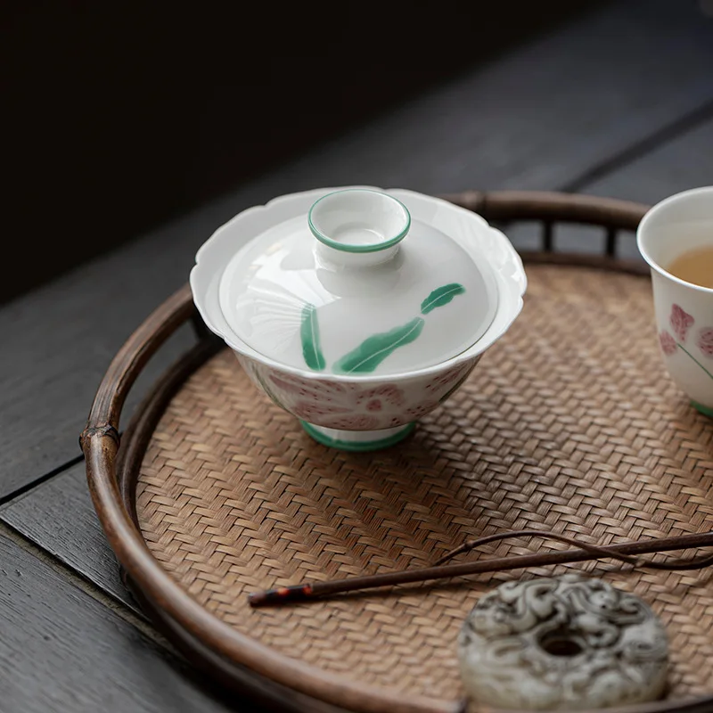 Jade Mud White Porcelain Hand Drawn Violet Flower Mouth Tureen Underglaze Household Small Tea Brewing Bowl Cup Set