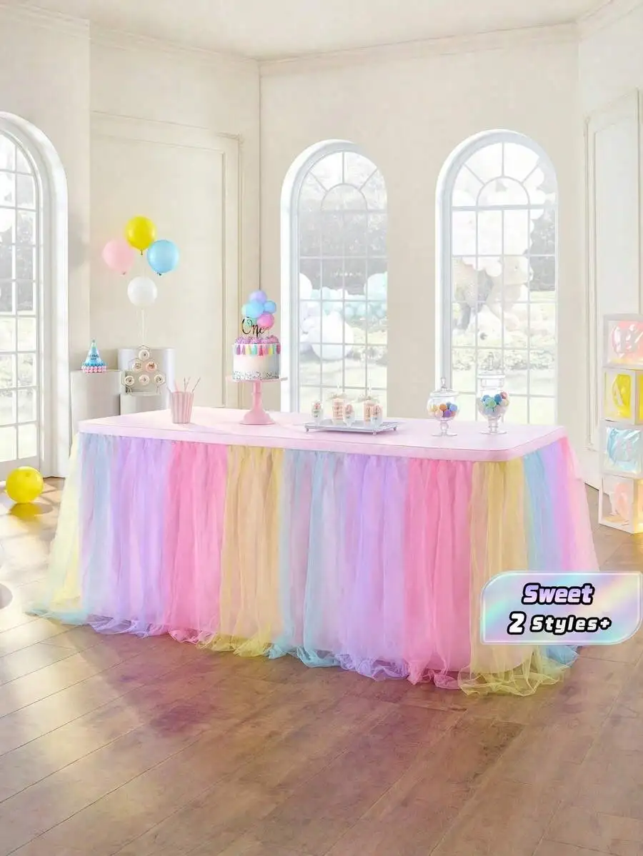 1 piece of colorful ruffled tulle table skirt, suitable for rectangular and round tables - perfect for birthday parties, weddings, bridal showers, cake table decorations, and all celebrations