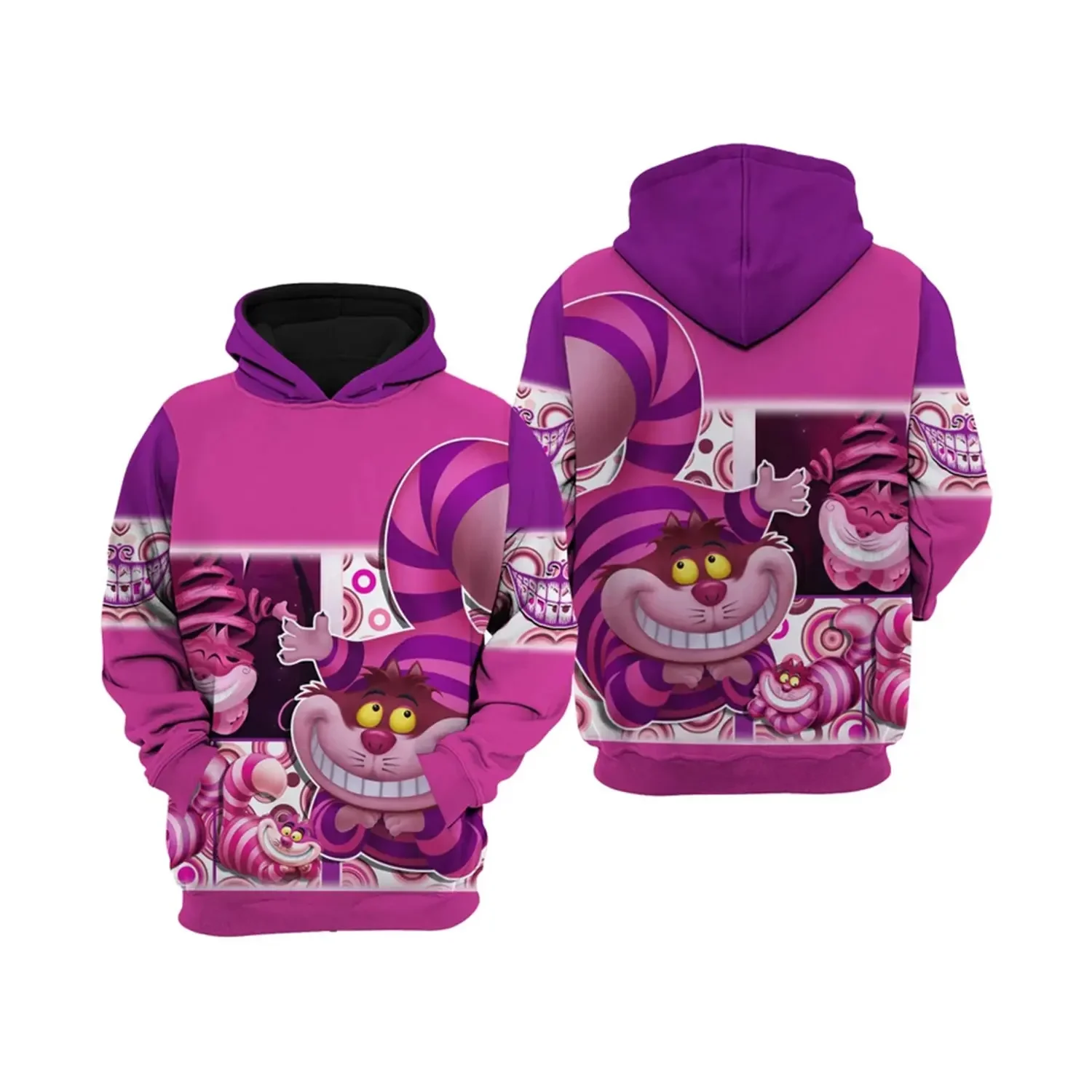 2024 New Men\'s 3D Printing Disney Cheshire Cat Zipper Hoodie Women\'s and Children\'s Street Leisure Sports Pullover