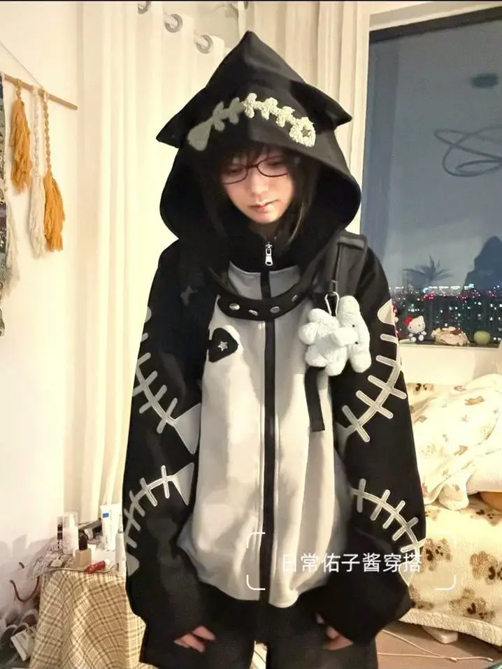 New Cute Punk Retro Jacket Subculture Loose Women's Long Sleeved Hooded Sweatshirt Casual Gothic Punk Embroidered Sweatshirt