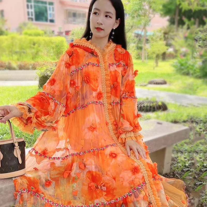 

Autumn And Early Winter New Vibrant Orange Women's Hooded Loose Mid-Length Silk Embroidery Elegant Lady Cotton Coat One Size
