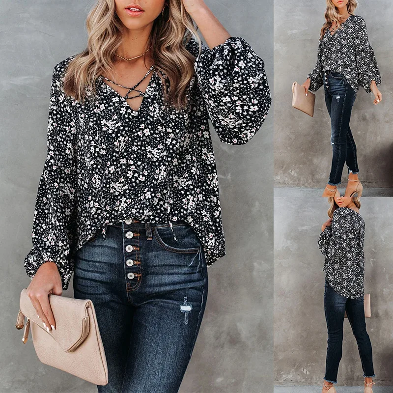 

Summer New Women's Floral Long Sve Loose Casual T-irt Street Sle Polyester Fabric Pure Color Straight Cut Summer 202