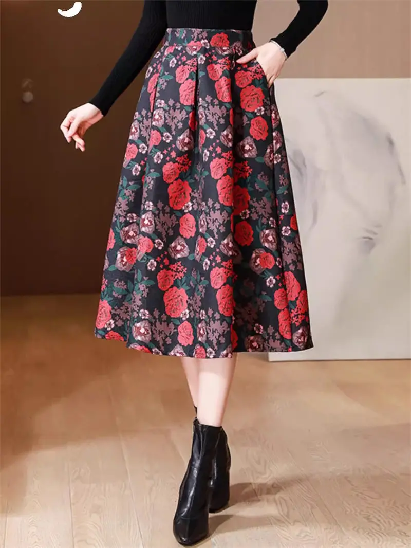 

Middle Aged Mom Skirt Skirt For Women Autumn And Winter 2023 New Large Size High Waist Slim A-Line Skirt Z3564