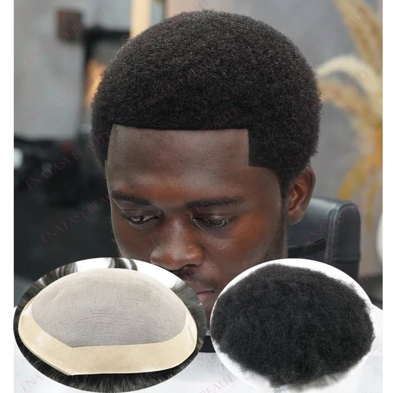 

African American Black Man's 4mm Kinky Curly 100% Human Hair Wigs Replacement Undetectable Long Last Natural Hairline Men Toupee