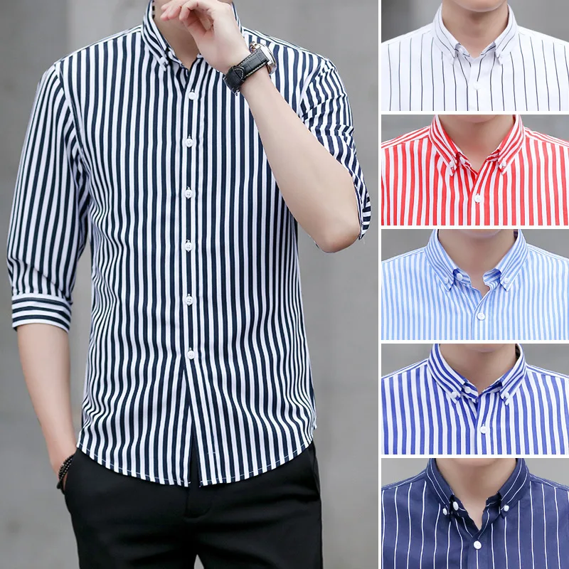 

Summer Striped Shirt Men's Korean-Style Slim Fit Business Casual Youth Shirt New Men's Three-Quarter Sleeve Shirt