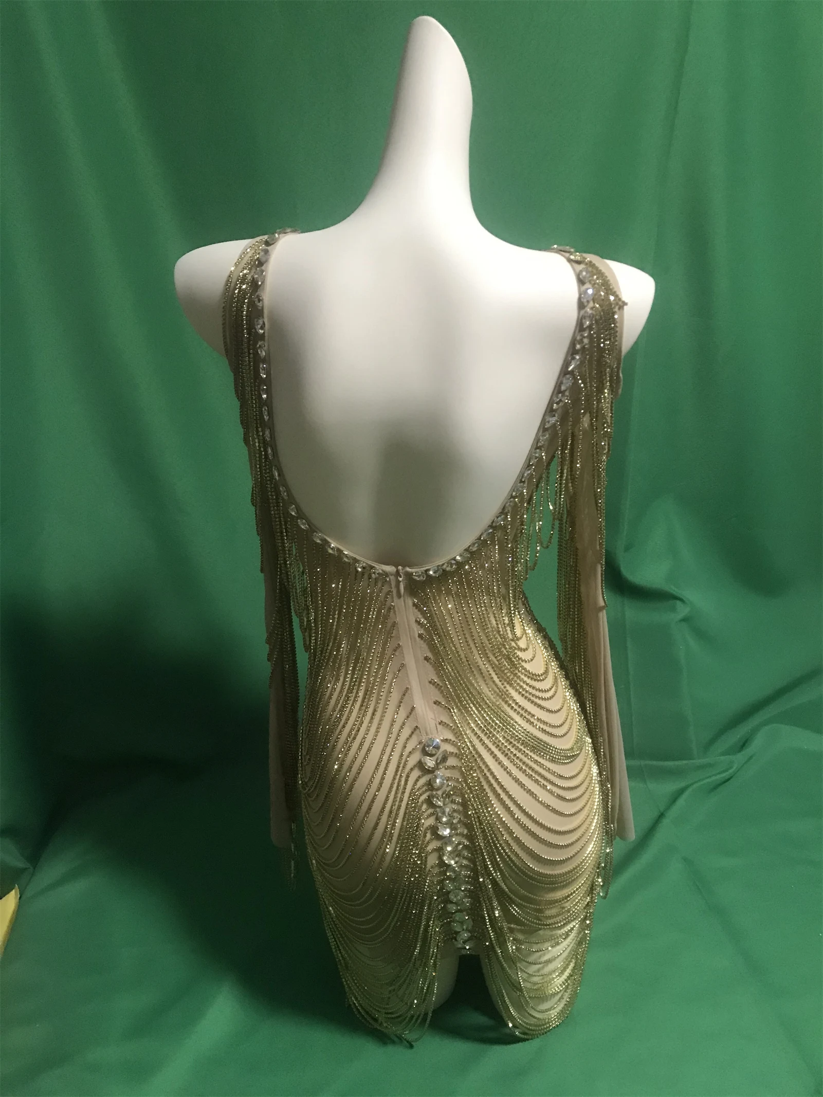 Sparkly Gold Rhinestone V Neck Women Birthday Dress Chain Costume Nightclub Performance Wear Valentine Day Drag Queen Outfit