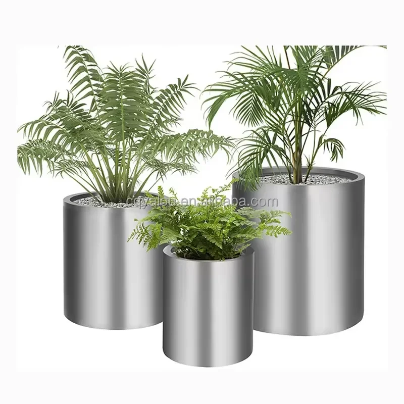 Large Round Knox Brushed Stainless Steel Flower Pot Oversized Metal Flower Pot Indoor and Outdoor Flower Pot