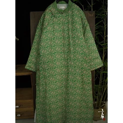 Ramie Slanted Buckle Cotton Jacket Winter Retro Mid Length Cotton Coat Women Green Print Cotton Outerwears Loose