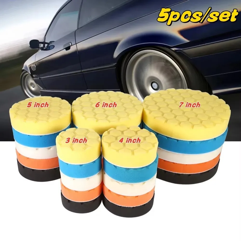 5pcs/Set 3/4/5/6/7 Inch Car Polishing Pad Kit Circular Self-Adhesive Auto Buffing Waxing Sponge Reusable