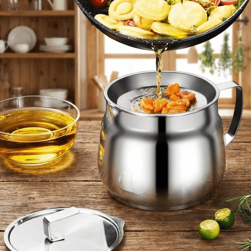 1.5/2L Stainless Steel Oil Kettle with Strainer Rustproof Oil Filtering Pot Round Leakproof Filter Oil Pitcher Deep Frying view 2