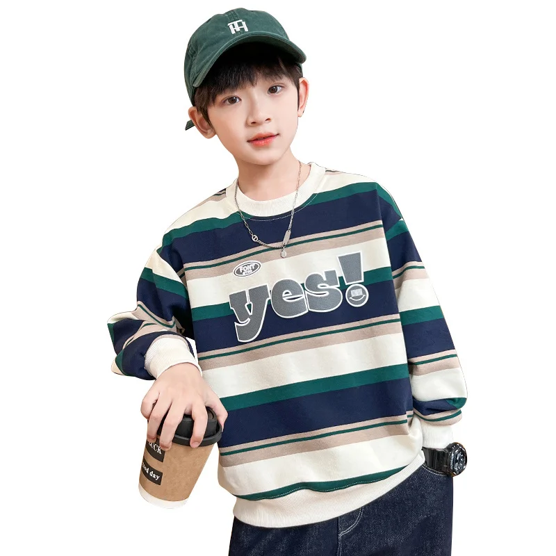 

Kids Autumn New Wide Striped Sweatshirts With Letter YES for Boys Long Sleeve Pullover Fashion Kids Boys Cotton Spring Teens