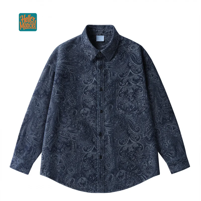 HELLOMARCEL EU US Size Luxury Quality Casual Shirt Street Wear Ethnic Paisley Print Denim Unisex Loose Vintage Work Shirt