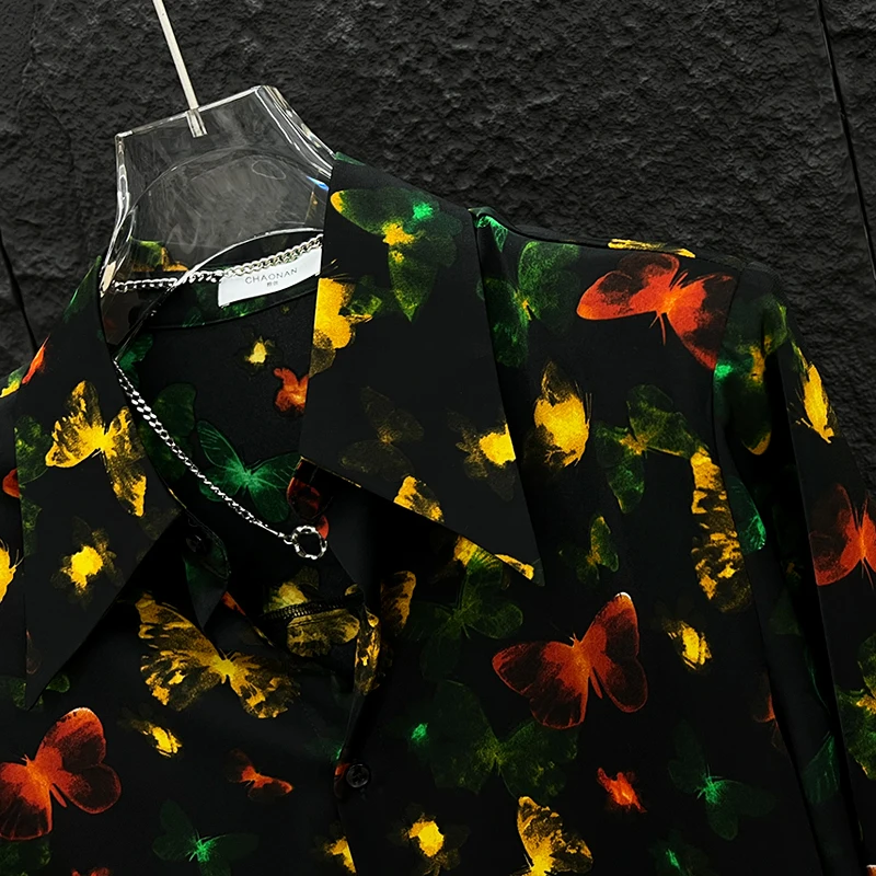 2025 الصيف فراشة الطباعة موضة الشيفون قميص طويل الأكمام الرجال النساء الكتف مبطن قمصان أنيقة غير رسمية