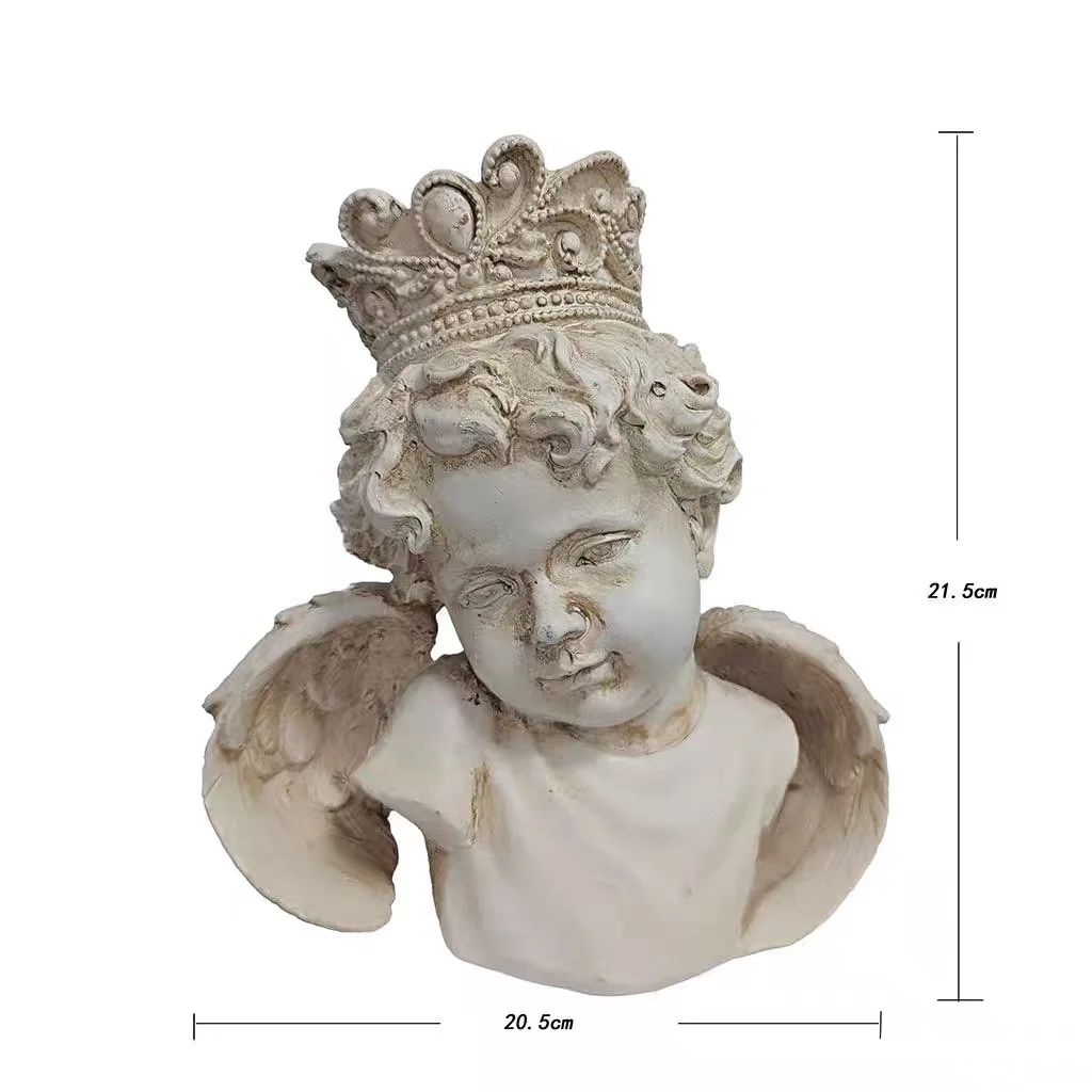 

European Style Cherub Angel Bust Statue with Crown, Vintage Distressed White Resin Figurine, 21.5cm Height, Decorative Garden Or