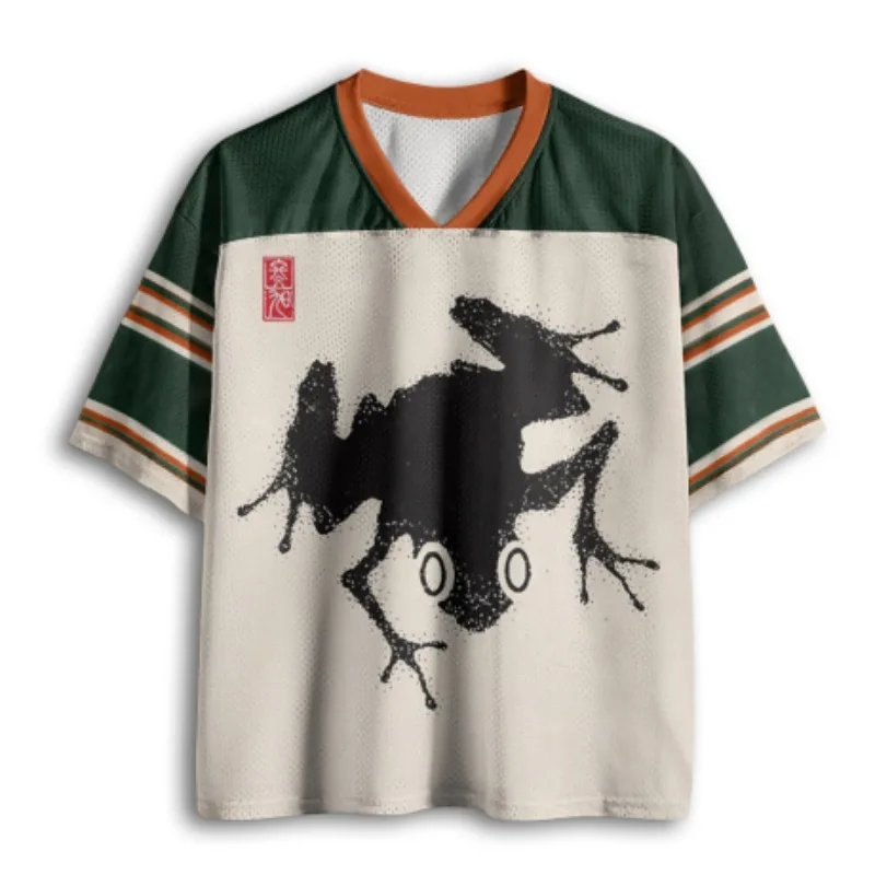 Traditional Chinese Ink Frog Seal Retro Print Green Cream Color Block Mesh V Neck Loose Football Jersey T-shirt