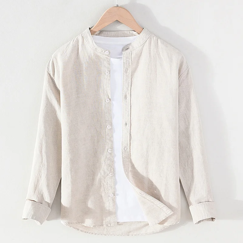 

Мужская повседневная хлопково-льняная рубашка-поло с круглым воротником, без подкладки, для весны и осени, дышащая, влагоотводящая