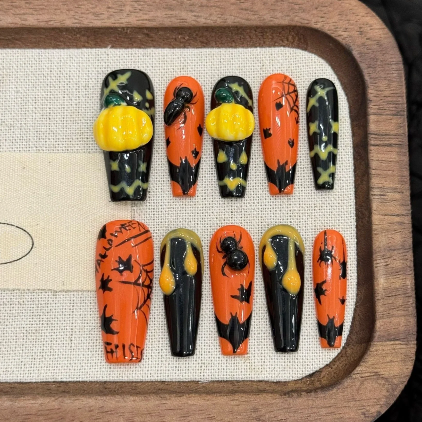

10pcs Halloween Coffin Handmade False Nails Art Pumpkin Spider Design Long Ballet Fake Nail Tips Detachable Press on Nails Sets