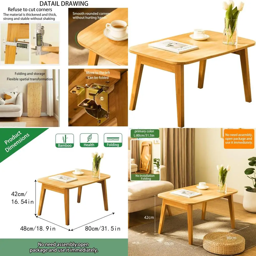 

Mid-Century Foldable Coffee Table with Open Shelf, TV Stand, Living Room/RV Use, Natural, 31.5IN