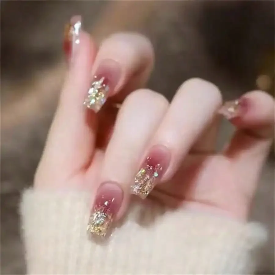 

24Pcs Icy Blush Gradient Nail Wraps, Semi-Cured Long-Lasting, Y2K Rhinestone, Daily Party Vacation, Free Shipping