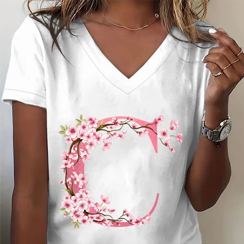 Pink Sakura Alphabet Graphic T Shirts Women A-Z 26 Alphabet Pink Flower Cartoon T-shirts Cherry Blossom Letters C Casual Tops