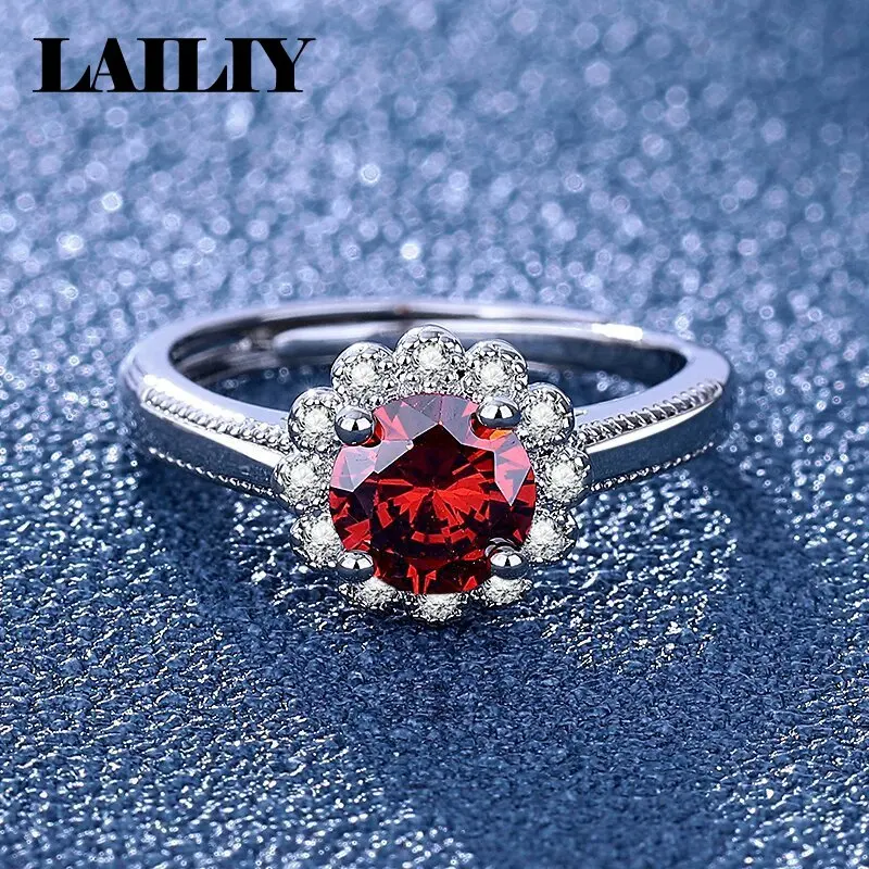 LAILIY925 Sterling Silver Birthday Gift Wedding Party Diamond  Pigeon Blood Red Zircon Adjustable Ring for Women Fashion Jewelry