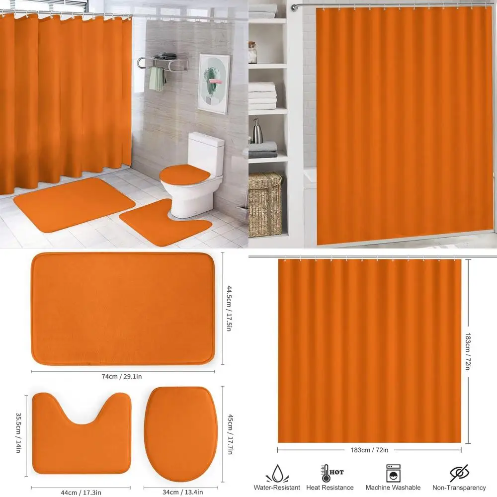 

orange solid shower curtain set with non-slip rugs, toilet lid cover, and u-shape bath mat